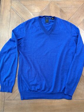 Boss Hugo Boss Sweater Mens XLarge Blue Wool Silk V Neck Slim Fit Knit Pullover